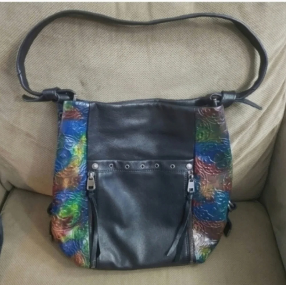 The Sak Ojai hand painted leather rainbow tote bag